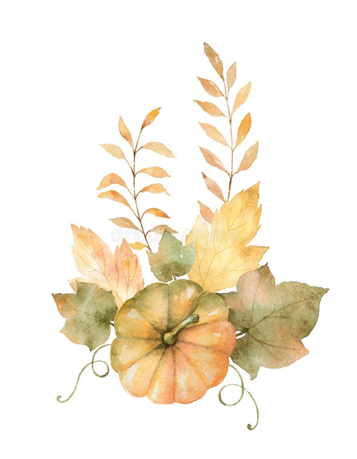 Aquarellherbstblumenstrauß von den Blättern, von Niederlassungen und von Kürbisen lokalisiert auf weißem Hintergrund lizenzfreie abbildung Aquarellherbstblumenstrauß von den Blättern, von Niederlassungen und von Kürbisen lokalisiert auf weißem Hintergrund lizenzfreie abbildung