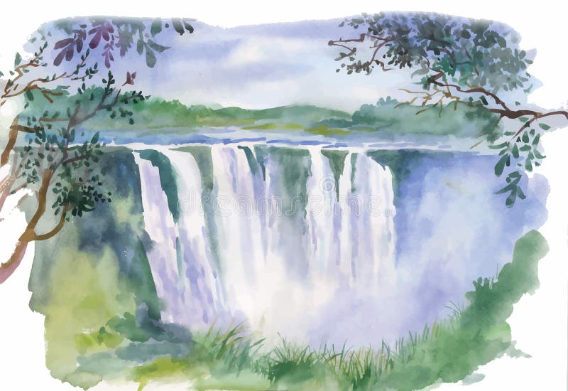 Aquarellillustration des schönen Wasserfalls lizenzfreie abbildung Aquarellillustration des schönen Wasserfalls lizenzfreie abbildung