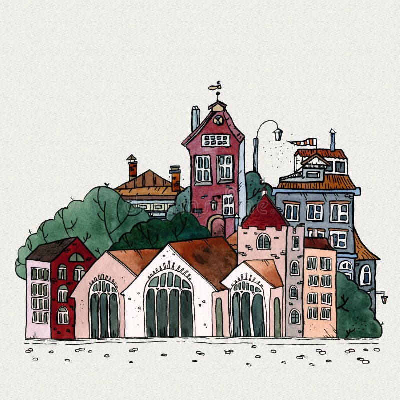 Aquarellillustration des Stadtbilds gezogene alte Stadthand Alte Stadtlandschaft mit Turm, Häuser, Bäume Schmutztintenskizze vektor abbildung Aquarellillustration des Stadtbilds gezogene alte Stadthand Alte Stadtlandschaft mit Turm, Häuser, Bäume Schmutztintenskizze vektor abbildung