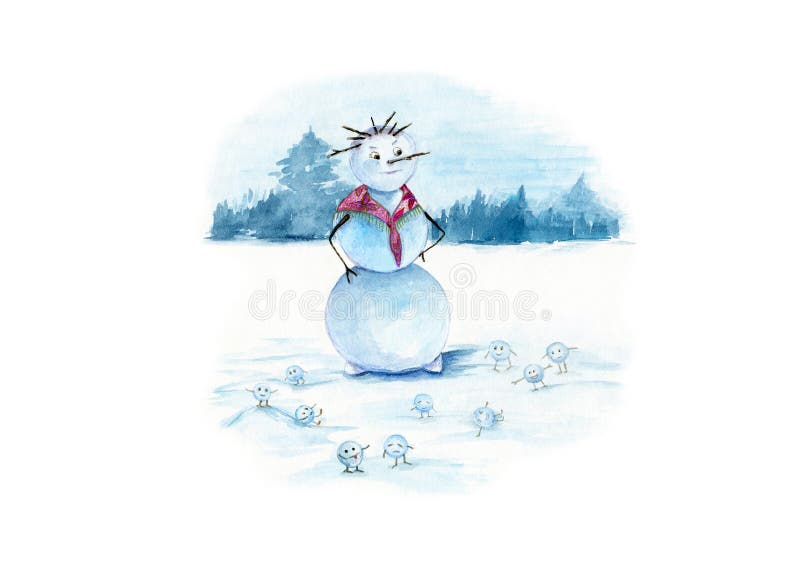 Aquarellillustration eines snowwoman mit vielen kleinen lustigen Schneebällen auf einem weißen schneebedeckten Hintergrund stock abbildung Aquarellillustration eines snowwoman mit vielen kleinen lustigen Schneebällen auf einem weißen schneebedeckten Hintergrund stock abbildung