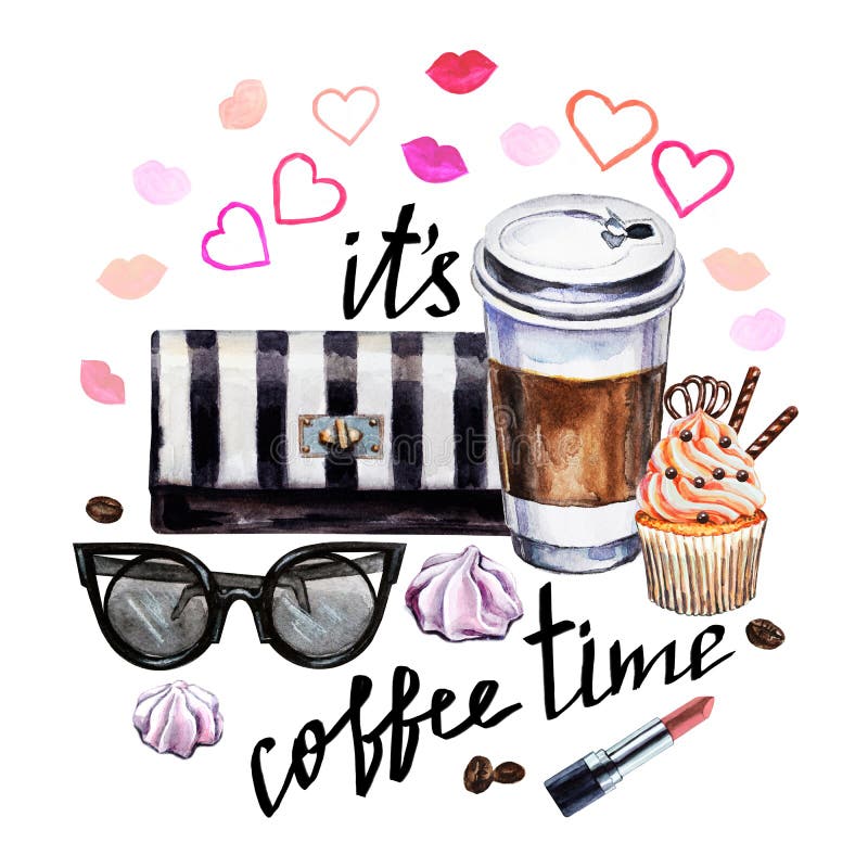 Aquarellillustrations-Kaffeetasse, kleiner Kuchen, weibliches Zubehör stock abbildung Aquarellillustrations-Kaffeetasse, kleiner Kuchen, weibliches Zubehör stock abbildung