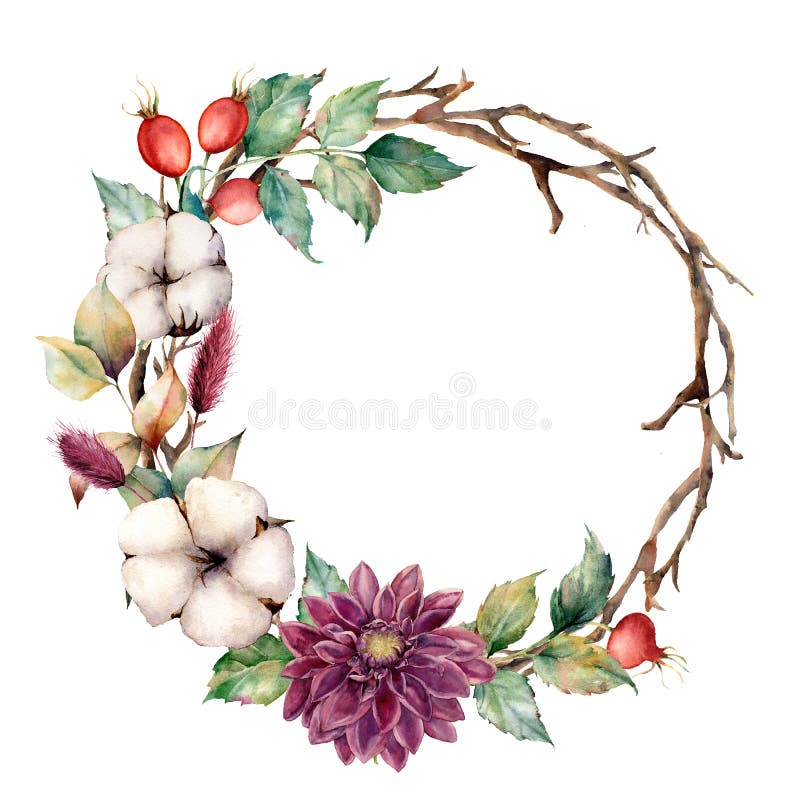 Aquarellkranz mit Herbstpflanzen und Blumen Handgemalte Baumgrenze mit Baumwolle, Dahlie, dogrose Beeren und stock abbildung Aquarellkranz mit Herbstpflanzen und Blumen Handgemalte Baumgrenze mit Baumwolle, Dahlie, dogrose Beeren und stock abbildung