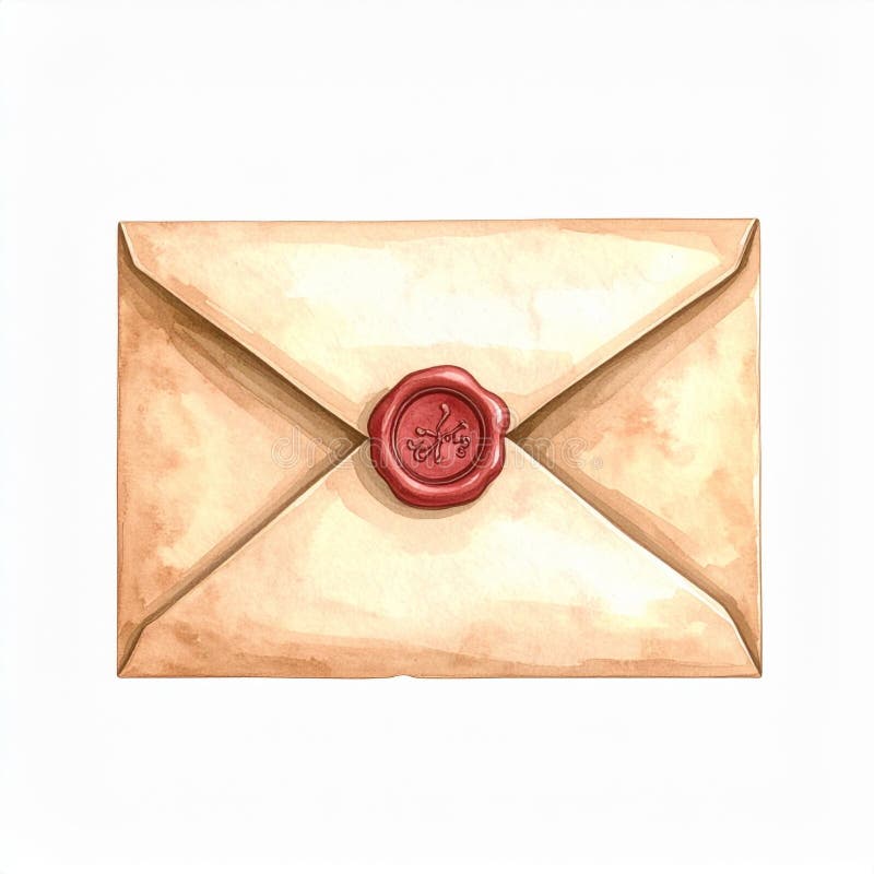 Aquarellmalerei aus Vintage Brown Umschlag mit Red Wax Seal stock abbildung