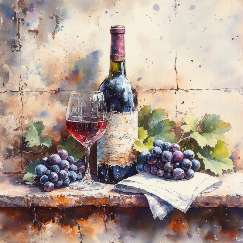 Aquarellmalerei einer Weinflasche und Glas mit üppigen Trauben und Blättern auf einer rustikalen Holzfläche. stockfotos