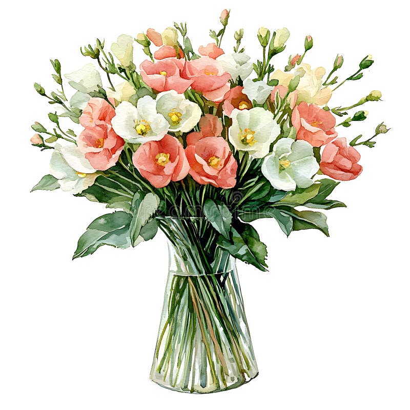 Aquarellmalerei eines Bouquets von Eustoma Blumen in einer Glasvase stock abbildung
