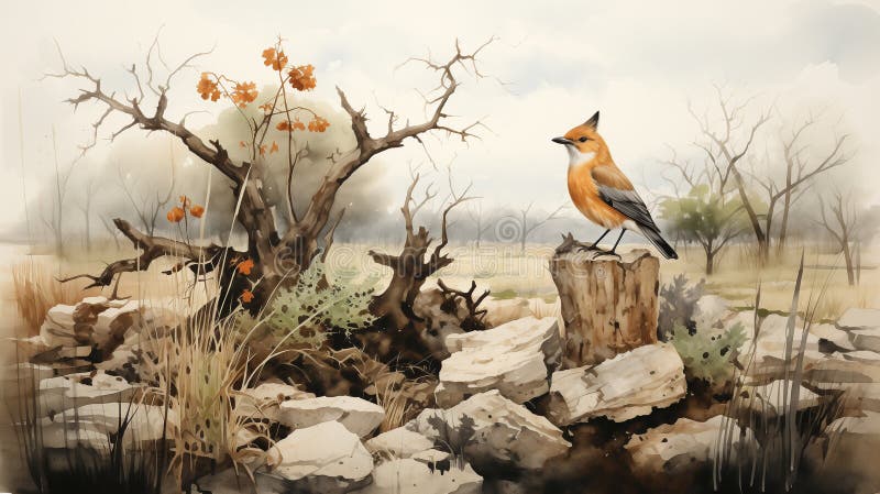 Aquarellmalerei eines lebendigen Vogels auf einem Baumstumpf in einer malerischen kargen Landschaft mit zartem Herbst stock abbildung
