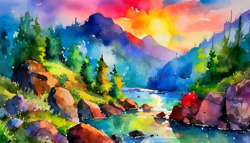 Aquarellmalerei Fluss zwischen Felsen lizenzfreie abbildung