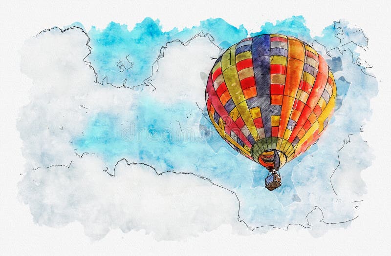 Aquarellmalereiillustration des Heißluftballons im Himmel