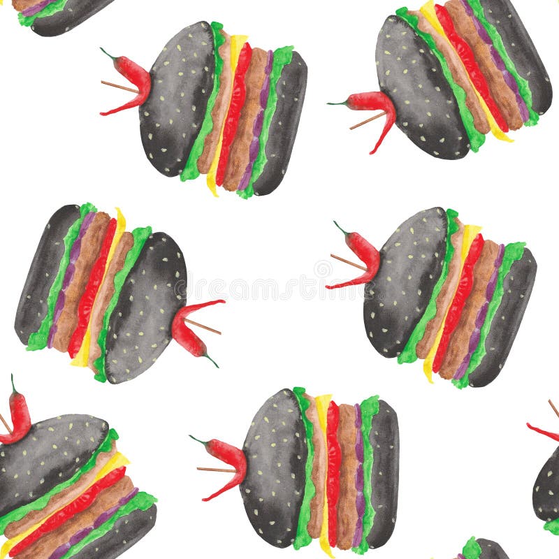 Aquarellmuster mit einem Hamburger, Cheeseburger, Tomaten, Zwiebeln, Kotelett, Salat vektor abbildung Aquarellmuster mit einem Hamburger, Cheeseburger, Tomaten, Zwiebeln, Kotelett, Salat vektor abbildung