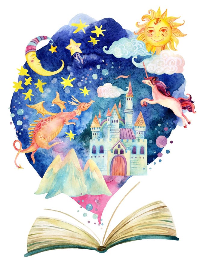 Aquarelloffenes buch mit magischer Wolke stock abbildung Aquarelloffenes buch mit magischer Wolke stock abbildung
