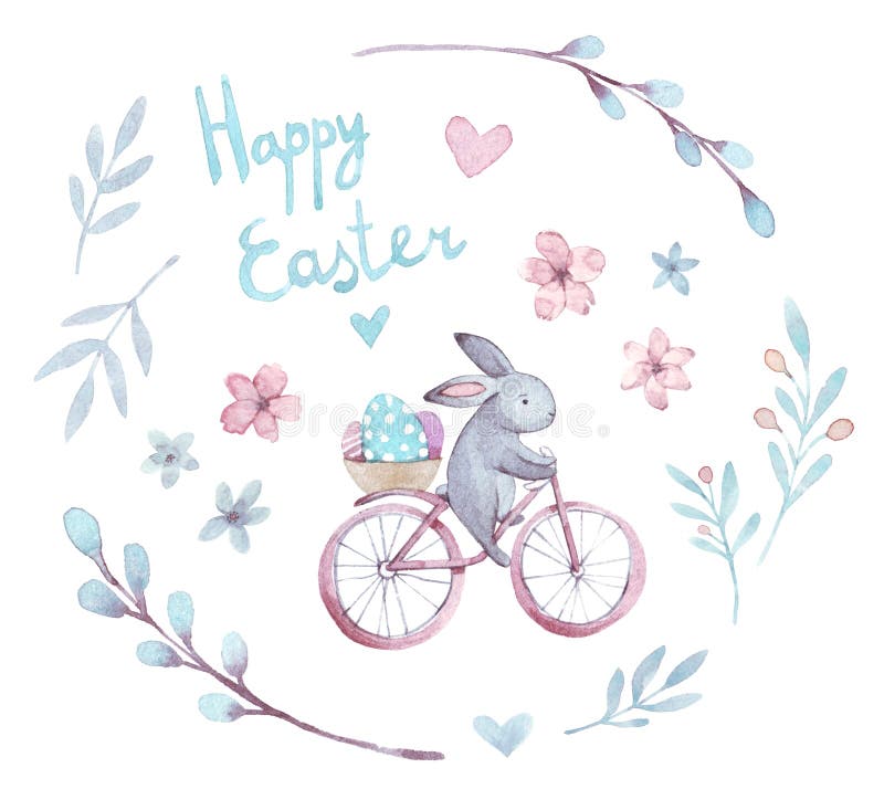Aquarellostern-Satz Karikaturkaninchen, Blumen, Herzen, Fahrrad, Eier vektor abbildung Aquarellostern-Satz Karikaturkaninchen, Blumen, Herzen, Fahrrad, Eier vektor abbildung
