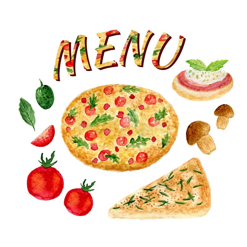 Aquarellsammlung des Pizzasatzes lokalisiert Italienische Bestandteile eingestellt für Menü lizenzfreie abbildung Aquarellsammlung des Pizzasatzes lokalisiert Italienische Bestandteile eingestellt für Menü lizenzfreie abbildung