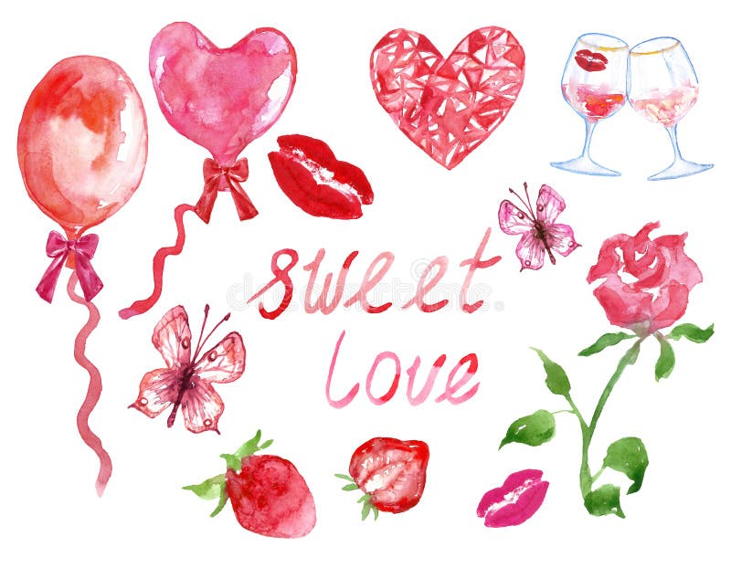 Aquarellsatz Elemente für Valentinstag in den roten und rosa Farben lokalisiert vektor abbildung Aquarellsatz Elemente für Valentinstag in den roten und rosa Farben lokalisiert vektor abbildung