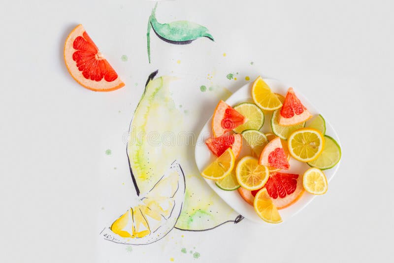 Aquarellskizze einer Birne mit der Platte voll von den Fruchtscheiben lizenzfreies stockbild Aquarellskizze einer Birne mit der Platte voll von den Fruchtscheiben lizenzfreies stockbild