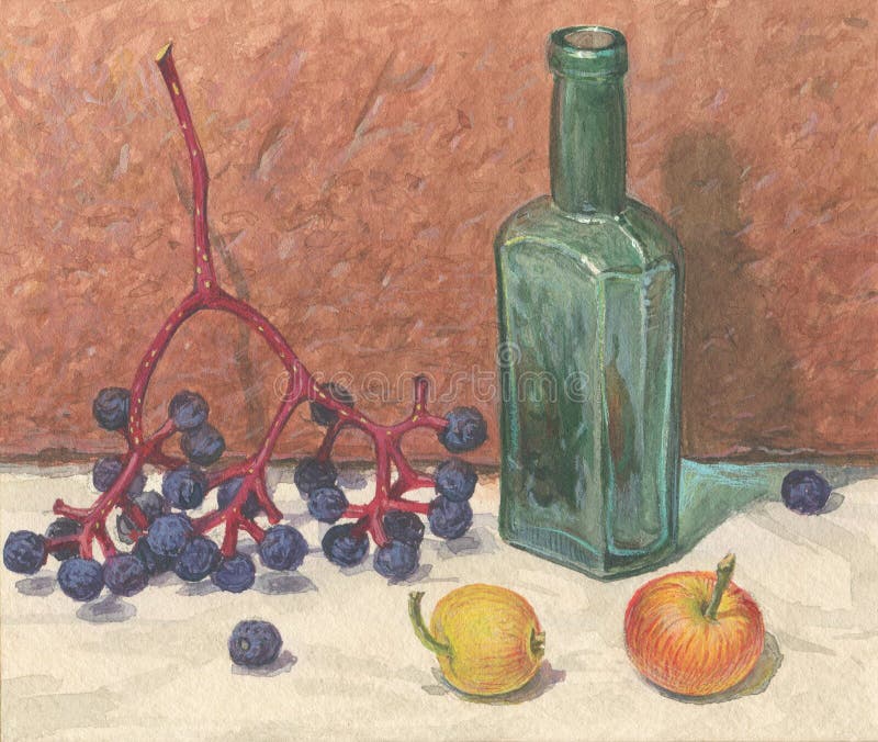 Aquarellstillleben mit grüner Flasche Blue Beeren und gelbe Äpfel lizenzfreie abbildung