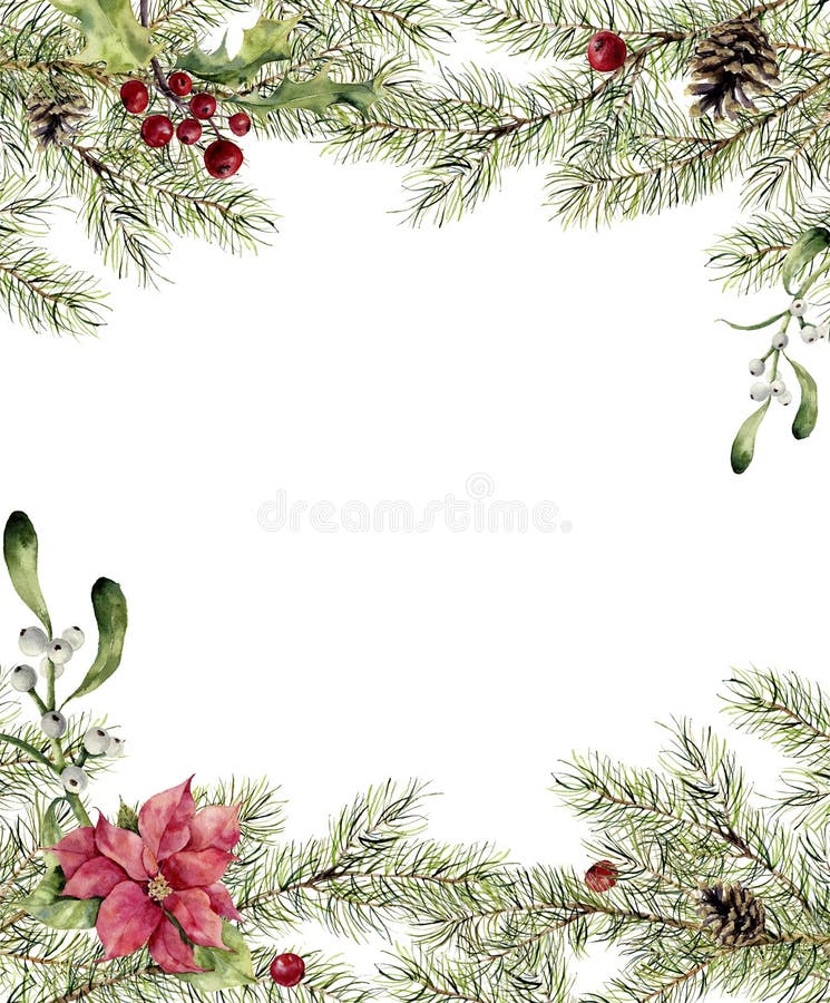 Aquarellweihnachtseinladung Tannenzweig mit Stechpalme, Mistelzweig und Poinsettia Baumgrenze des neuen Jahres mit Dekor für stock abbildung Aquarellweihnachtseinladung Tannenzweig mit Stechpalme, Mistelzweig und Poinsettia Baumgrenze des neuen Jahres mit Dekor für stock abbildung