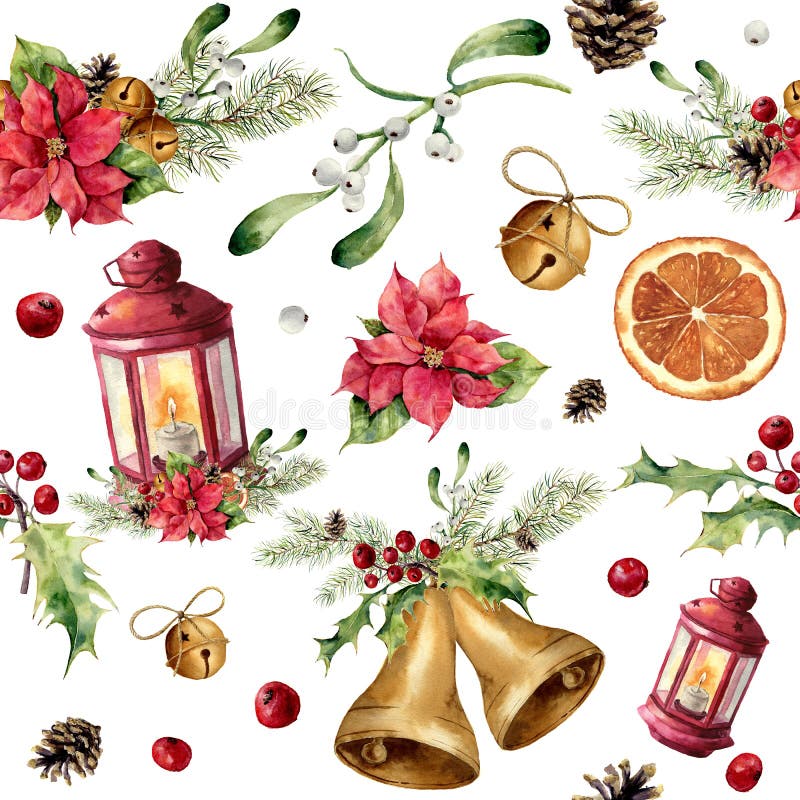 Aquarellweihnachtsnahtloses Muster mit Dekor und Laterne Baumverzierung des neuen Jahres mit Laterne, Glocke, Stechpalme