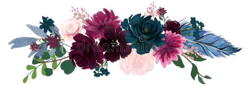 Aquarellweinleseblumenzusammensetzung rosa und blaue Blumenstrauß-Blumen und Federn lizenzfreie abbildung