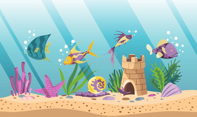 Aquarium with colourful fish and algae. Underwater life wtith decorative accessories and deferent fishes in flat style