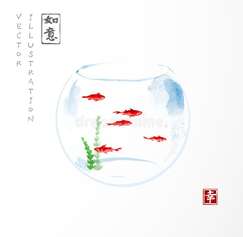 Aquarium with five small red fishes.
