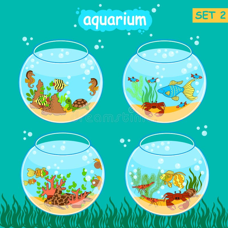 Aquarium set with fish and decoration. Fishbowl set. vector illustration Aquarium set with fish and decoration. Fishbowl set. vector illustration