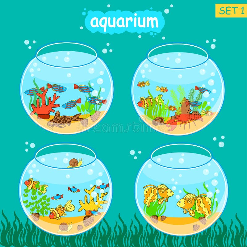 Aquarium set with fish and decoration. Fishbowl set. royalty free illustration Aquarium set with fish and decoration. Fishbowl set. royalty free illustration