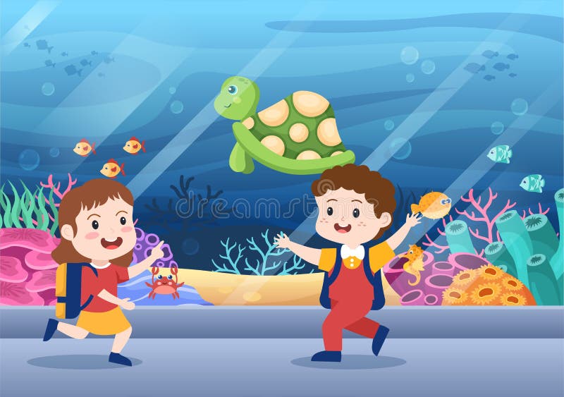 Aquarium Template Hand Drawn Cartoon Illustration with Kids Looking at Aquarium Template Hand Drawn Cartoon Illustration with Kids Looking at