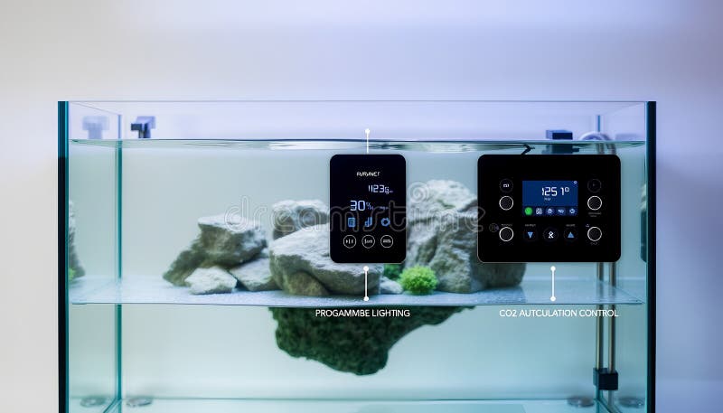 Aquascape with sleek smart accessories programmable lighting, CO2 automation panel, water circulation control royalty free illustration