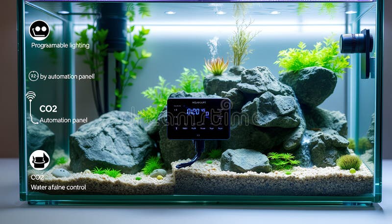 Aquascape with sleek smart accessories programmable lighting, CO2 automation panel, water circulation control 2 vector illustration