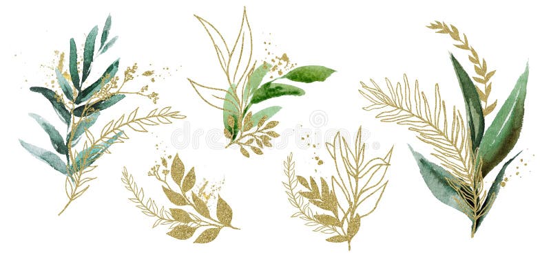 Aquatercolor floralfarben-Illustrationset - Grüne und goldene Blattzweige, für Hochzeitsfeiern, Grüße, Tapeten, Mode stock abbildung