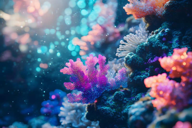 Aquatic Awe: Bioluminescent Coral Reef in Tranquil Underwater Setting stock illustration