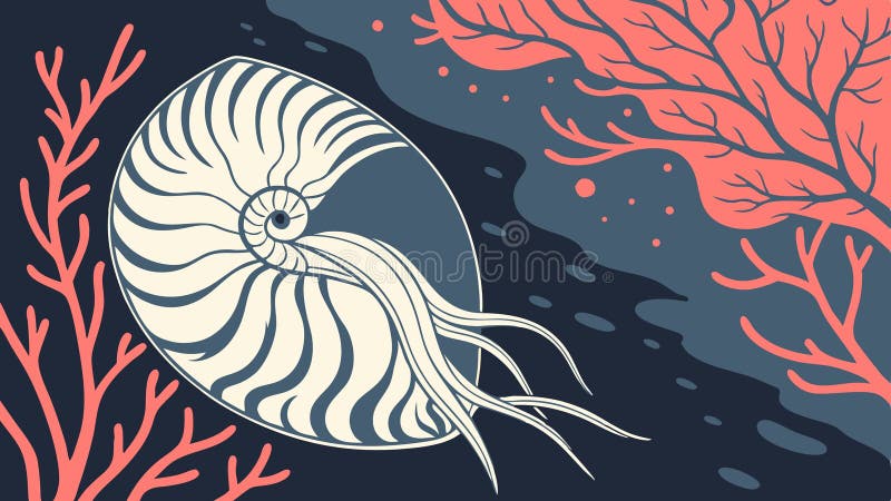 Nautilus shell with vibrant coral. Aquatic flat vector art, vector design Generative AI royalty free illustration