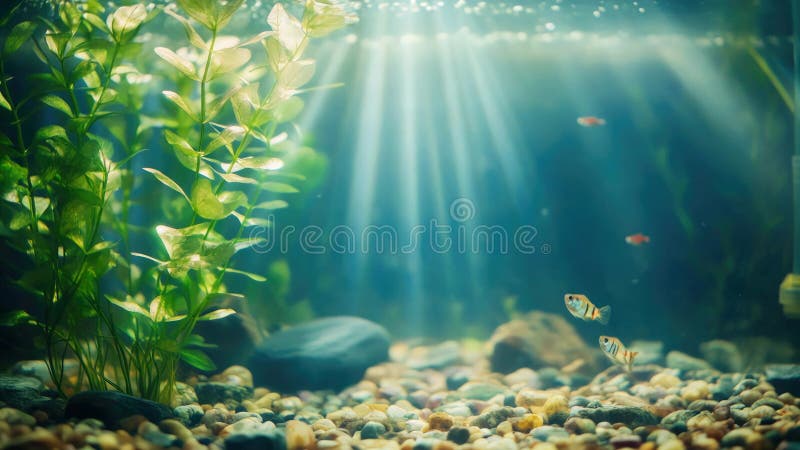 Aquatic scene featuring decorative stones and greenery in a glass container stock photos