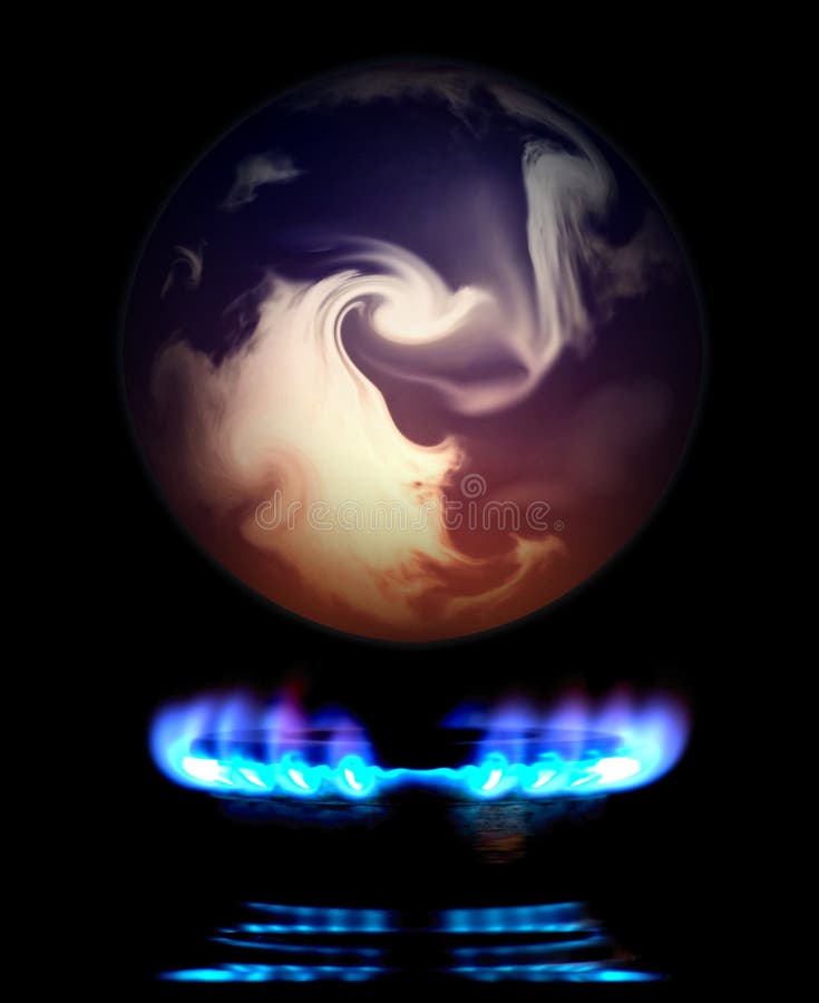 Illustration produced to illustrate global warming showing a the globe of planet earth being heated over a fossil fuel gas burner ring of flames. Illustration produced to illustrate global warming showing a the globe of planet earth being heated over a fossil fuel gas burner ring of flames.