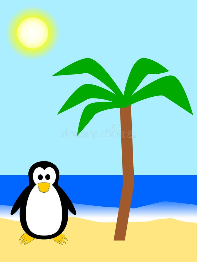 Metaphor about the effects of global warming: a penguin on a sunny beach, next to a palm. Metaphor about the effects of global warming: a penguin on a sunny beach, next to a palm
