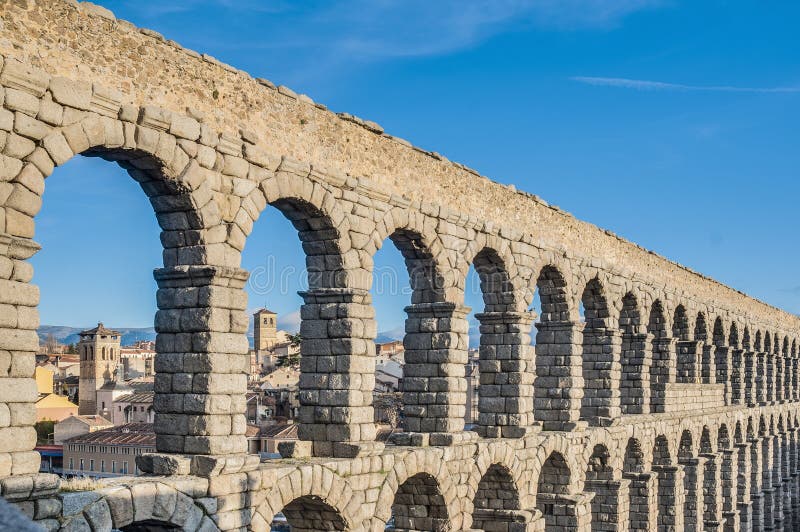 Aqueduct of Segovia at Castile and Leon, Spain stock images