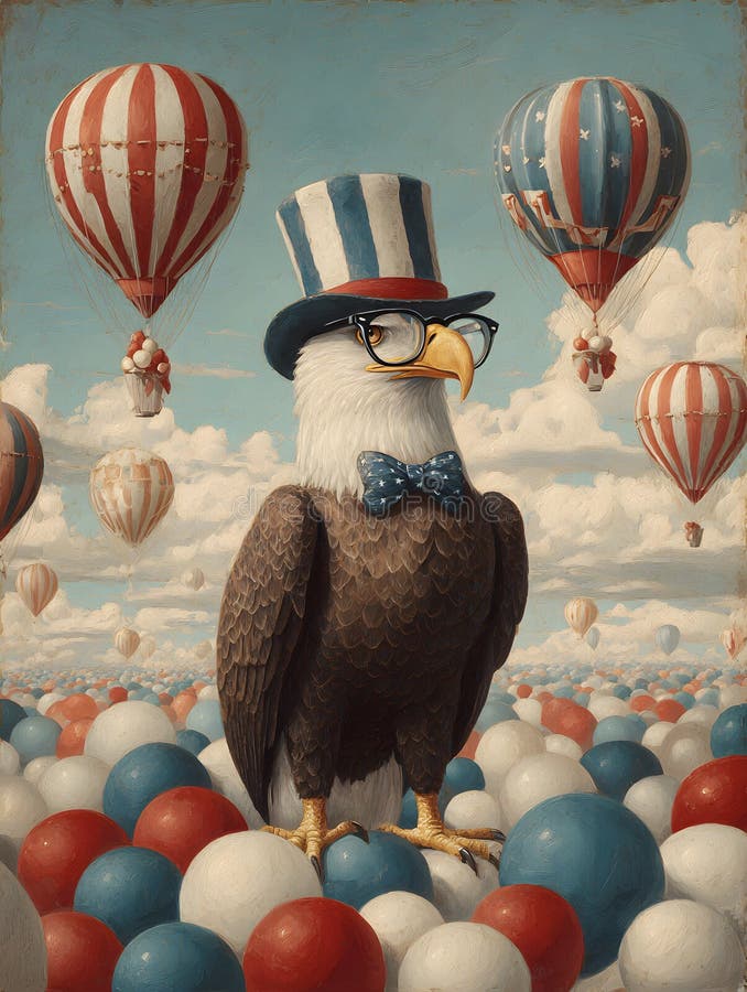 Aquila calda con Bowtie e cappello superiore circondato da palloni festosi illustrazione vettoriale