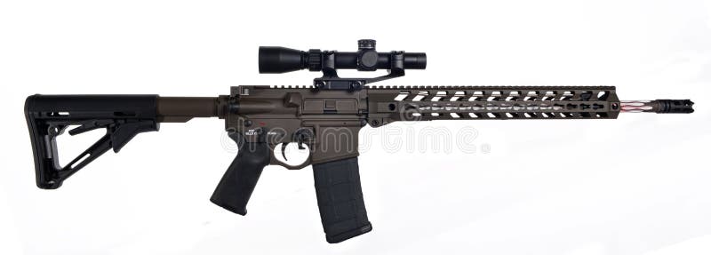 AR15 / M16 with extended collapsible stock, 30rd mag, 18` barrel, painted burnt bronze upper, lower, hand guard and black scope/mount, stock, grip and mag. AR15 / M16 with extended collapsible stock, 30rd mag, 18` barrel, painted burnt bronze upper, lower, hand guard and black scope/mount, stock, grip and mag.