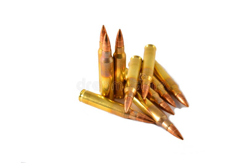 AR 15 or M 16 ammo - 5. 56x45. Brass cased ammo isolated on white background. AR 15 or M 16 ammo - 5. 56x45. Brass cased ammo isolated on white background.