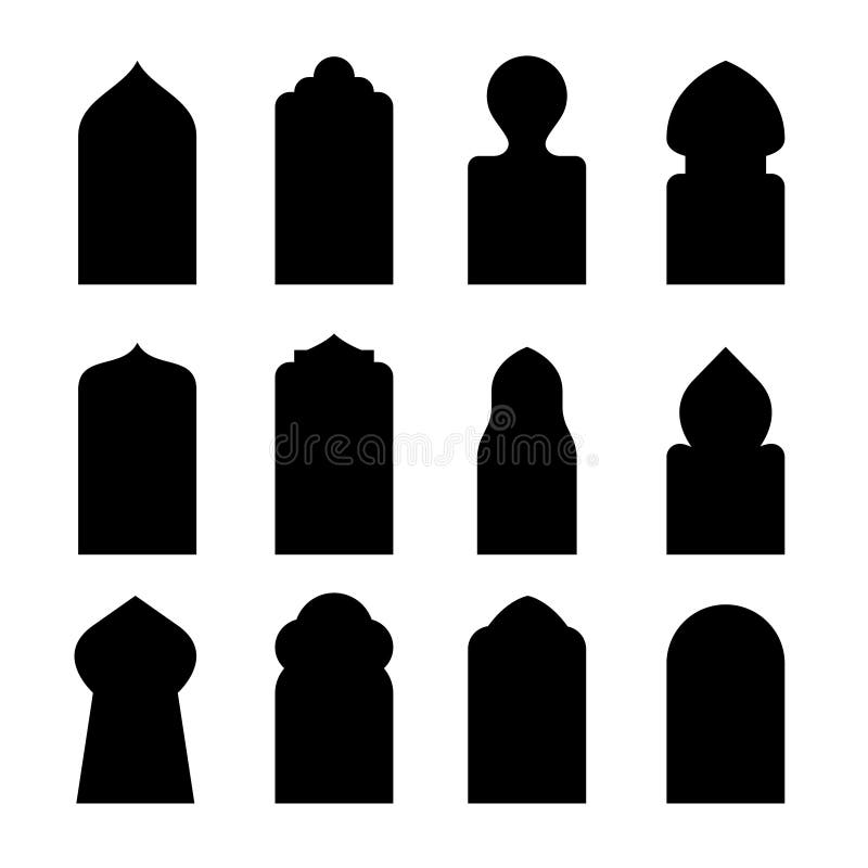 Arab arch door shape set. Islam window gate, arabesque arabian vector icon silhouette