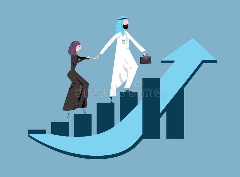 Arab business man and woman in arabian national dress walking up a rising graph of income growth. Vector illustration vector illustration Arab business man and woman in arabian national dress walking up a rising graph of income growth. Vector illustration vector illustration