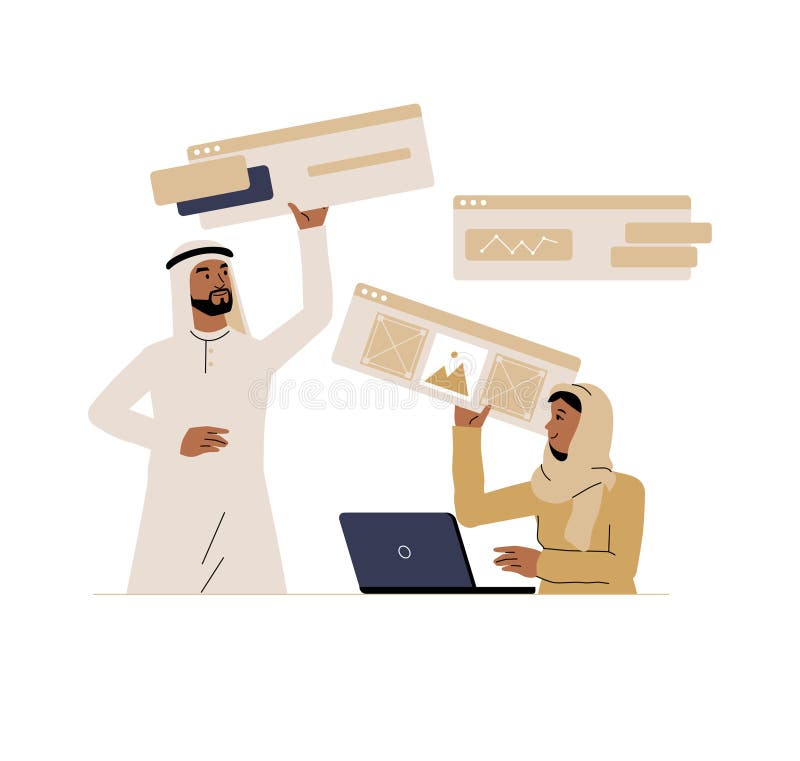 Arab Business Team Entwicklung einer Website in Flat Vector Illustration Symbolisieren Web Design Digital Marketing Corporate stock abbildung