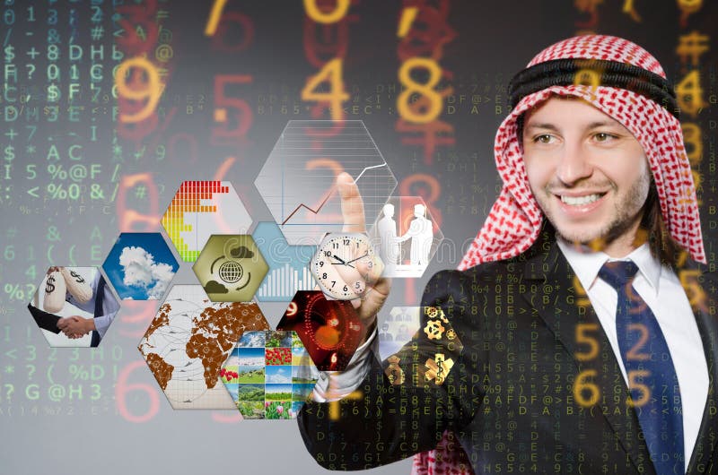 The arab businessman pressing virtual buttons stock photos The arab businessman pressing virtual buttons stock photos