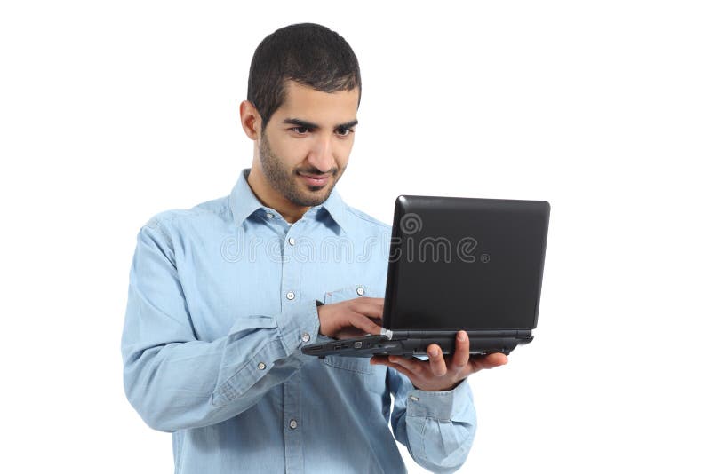 Arab casual man browsing a laptop social media royalty free stock image Arab casual man browsing a laptop social media royalty free stock image