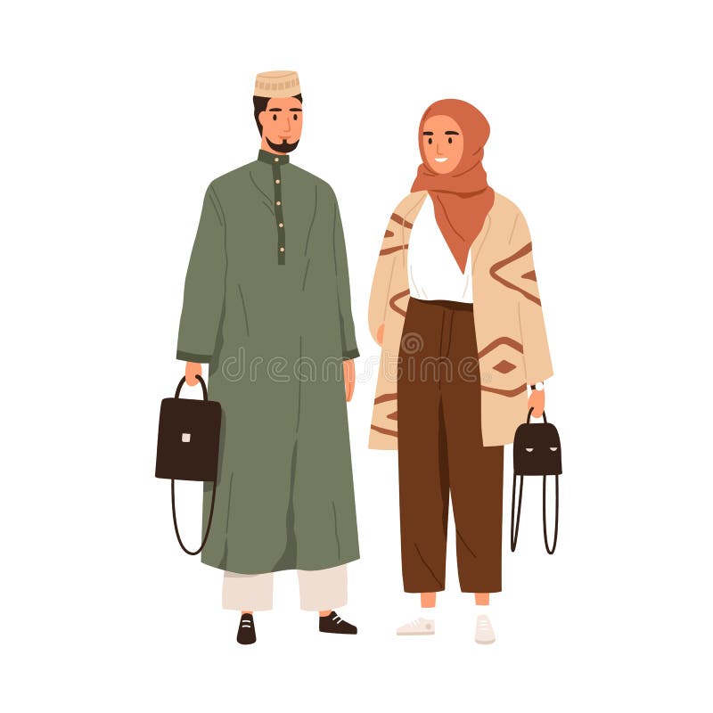 Arab couple in modern casual clothes and headwears. Portrait of Muslim man in thobe and woman in hijab and pants. People vector illustration