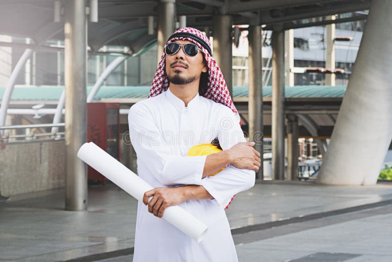 Arab Engineer Construction Worker Holding Blueprint Stock Photo Image