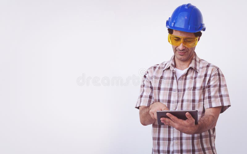 Arab engineer man wear blue cap safety helmet