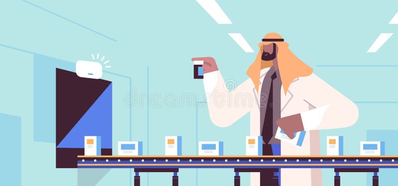 Arab man operator controlling medicine production filling on conveyor belt doctor checking quality of products vector illustration