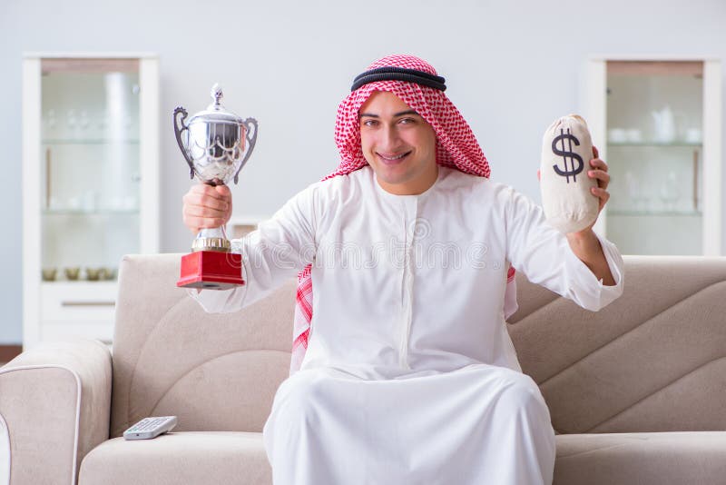 The Arab Man with Prize and Money on Sofa Stock Photo Image of sack