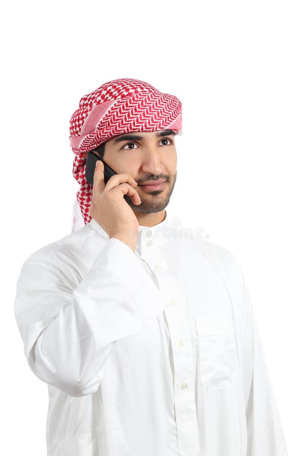 Arab man talking on the smart phone isolated on a white background